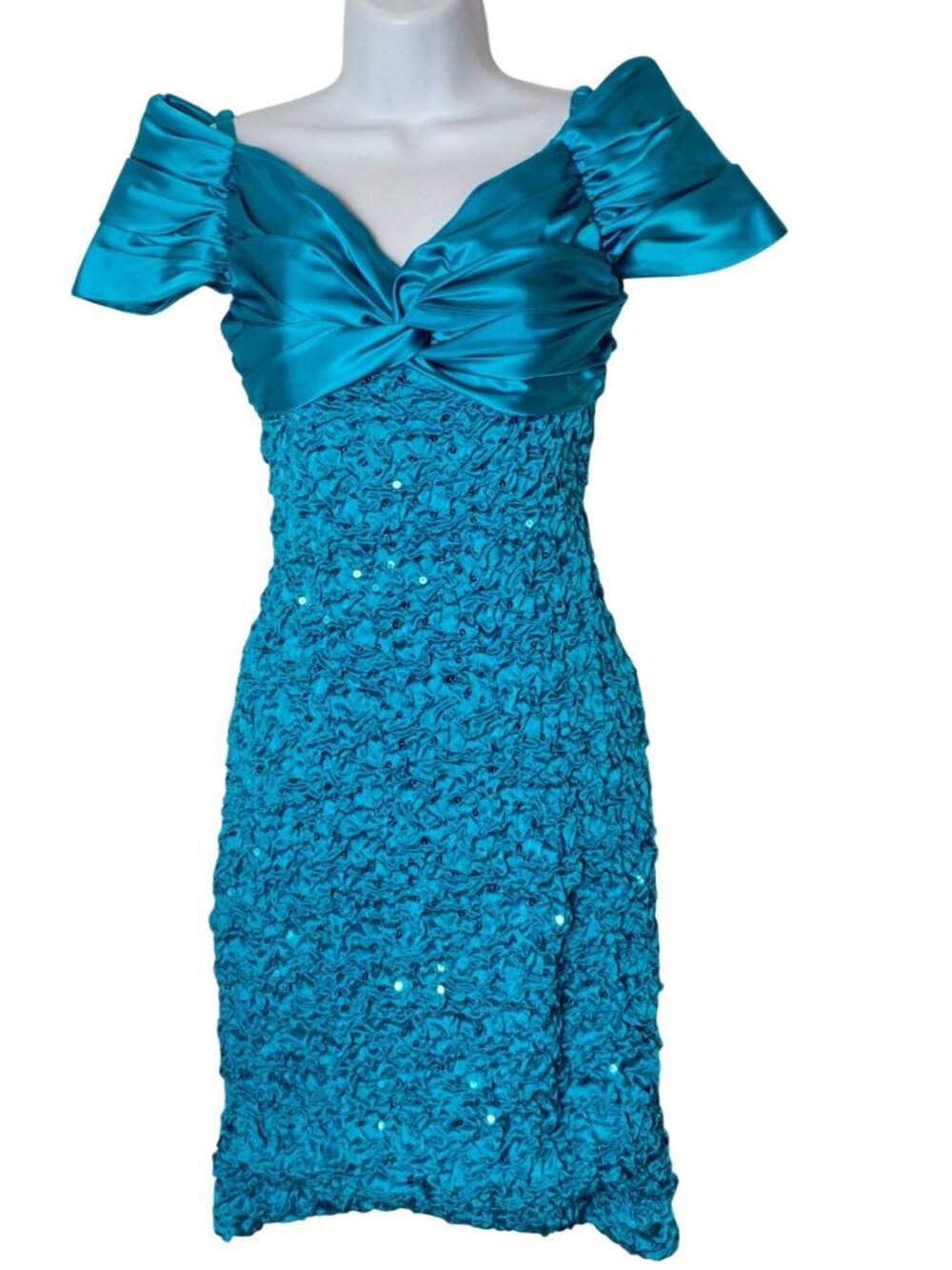 Bari Jay 4 Mini Cocktail Dress Turquoise Satin Ruched Off-Shoulder Prom Glamour
